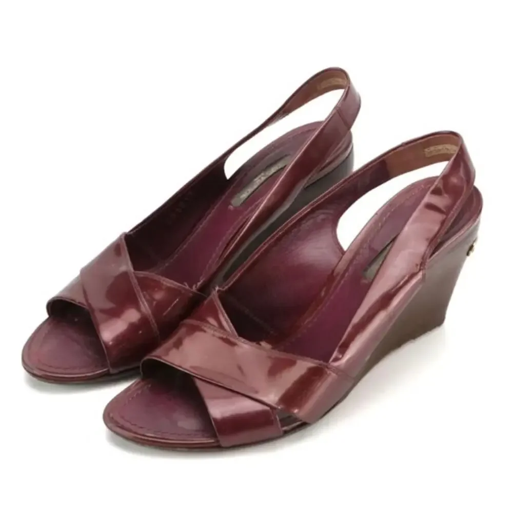 VTG Louis Vuitton Patent Leather Slingback Wedge Sandals Burgundy EU 36 Italy